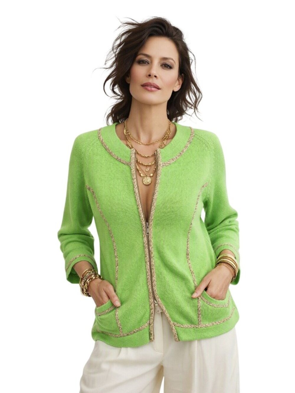 Coldwater Creek Lime Green Cardigan Sweater M Brown Cable Piping Preppy Casual